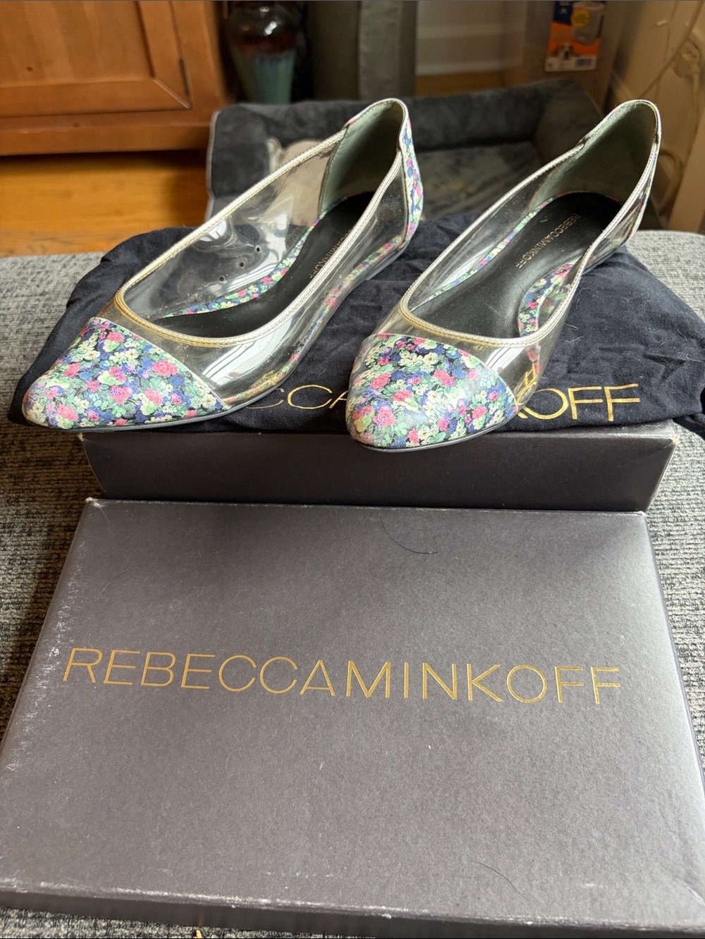 Rebecca Minkoff Clear Pointed Flats with Pastel Floral Accents